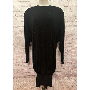 Vintage 80s Black Crepe ST MARTIN Balloon Blouson Smocked Hem Tunic Dress Size M